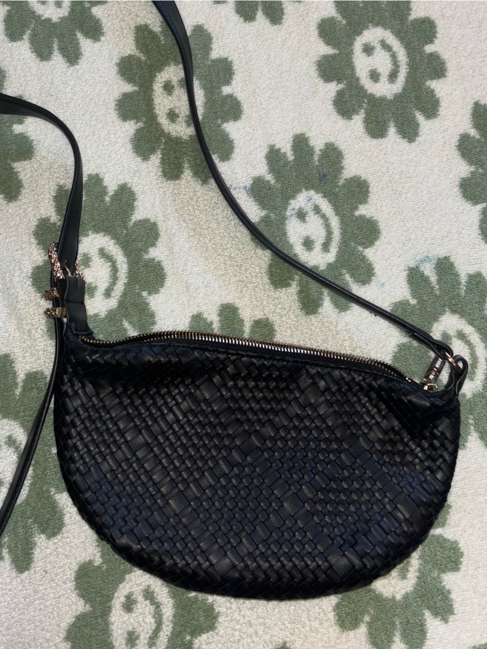 Anne Klein Black Woven Crossbody Saddle Bag
